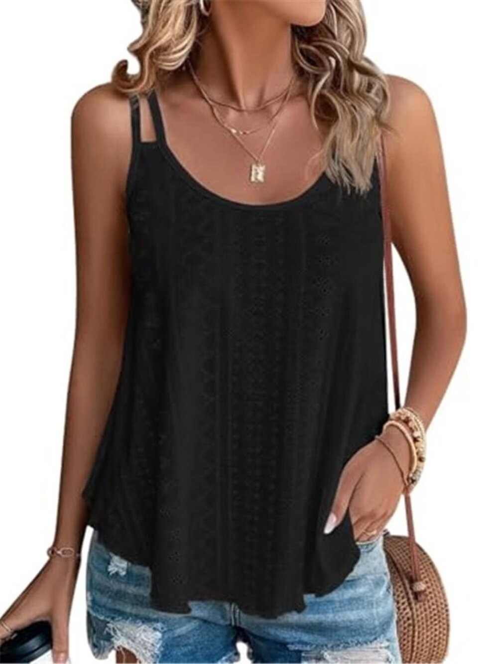 Women's Black Tank Tops Sleeveless Summer Top Spaghetti Strap Spring Shirt